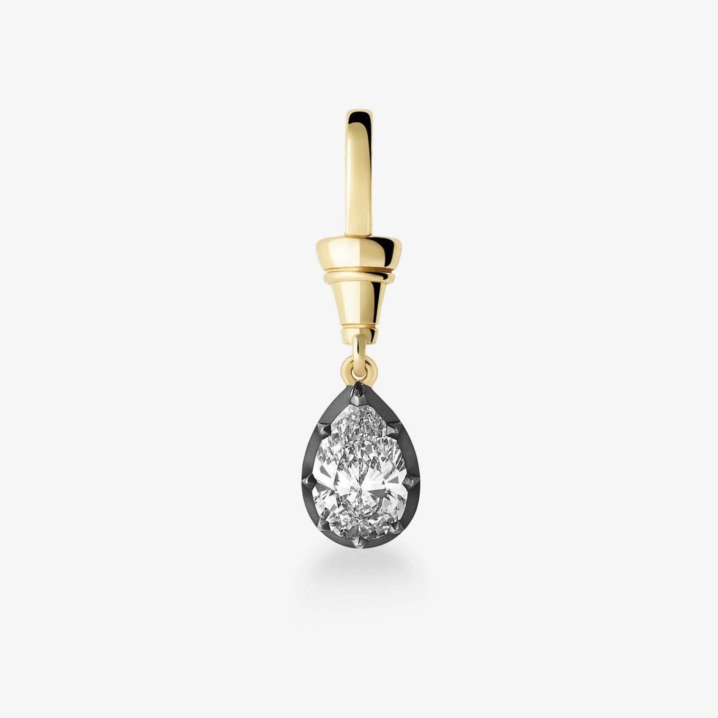A single gold drop earring featuring a teardrop-shaped clear gemstone set in a dark metal bezel, shown against a plain light gray background.