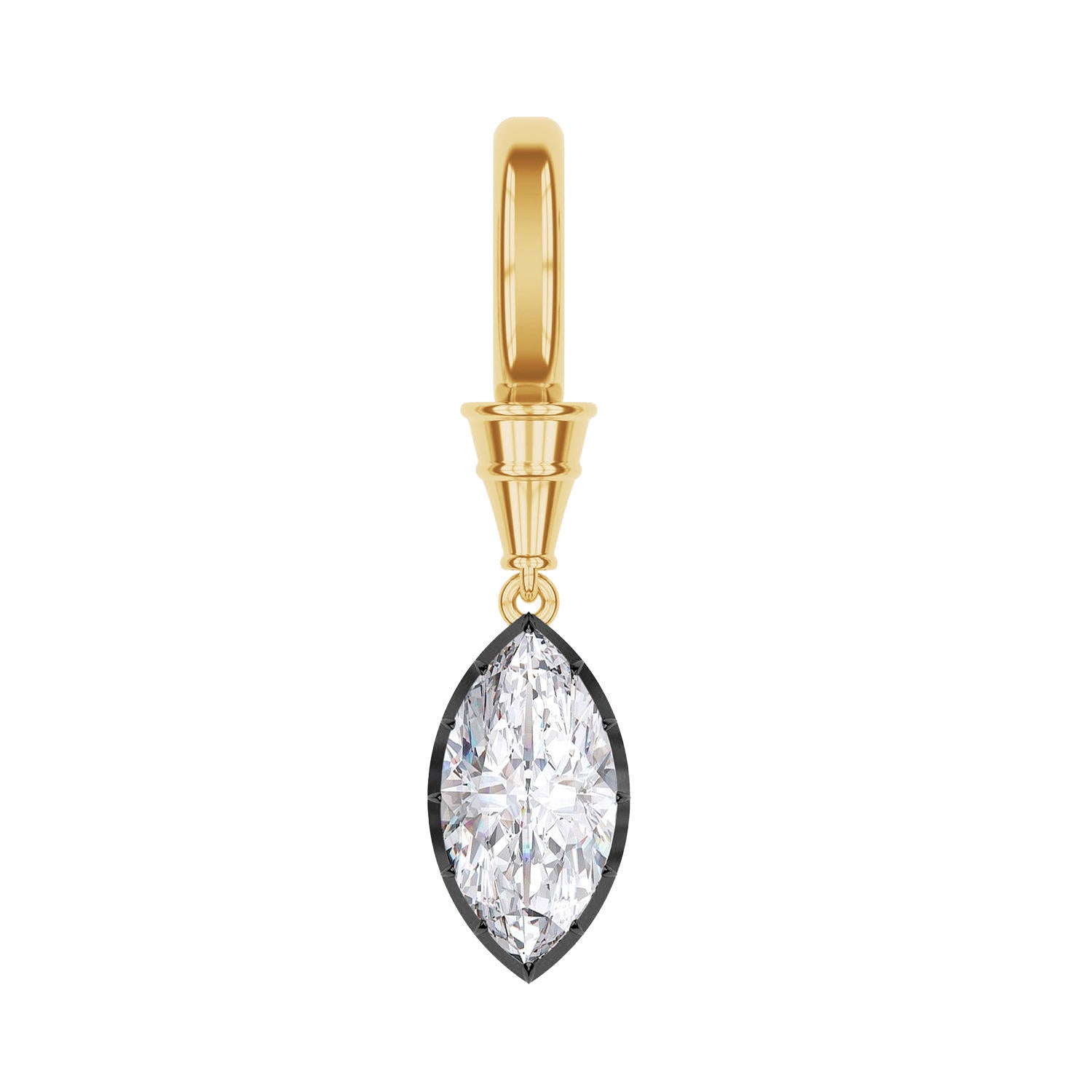 A gold drop earring featuring a marquise-cut clear gemstone in a black bezel setting, suspended from a polished gold bail against a plain white background.