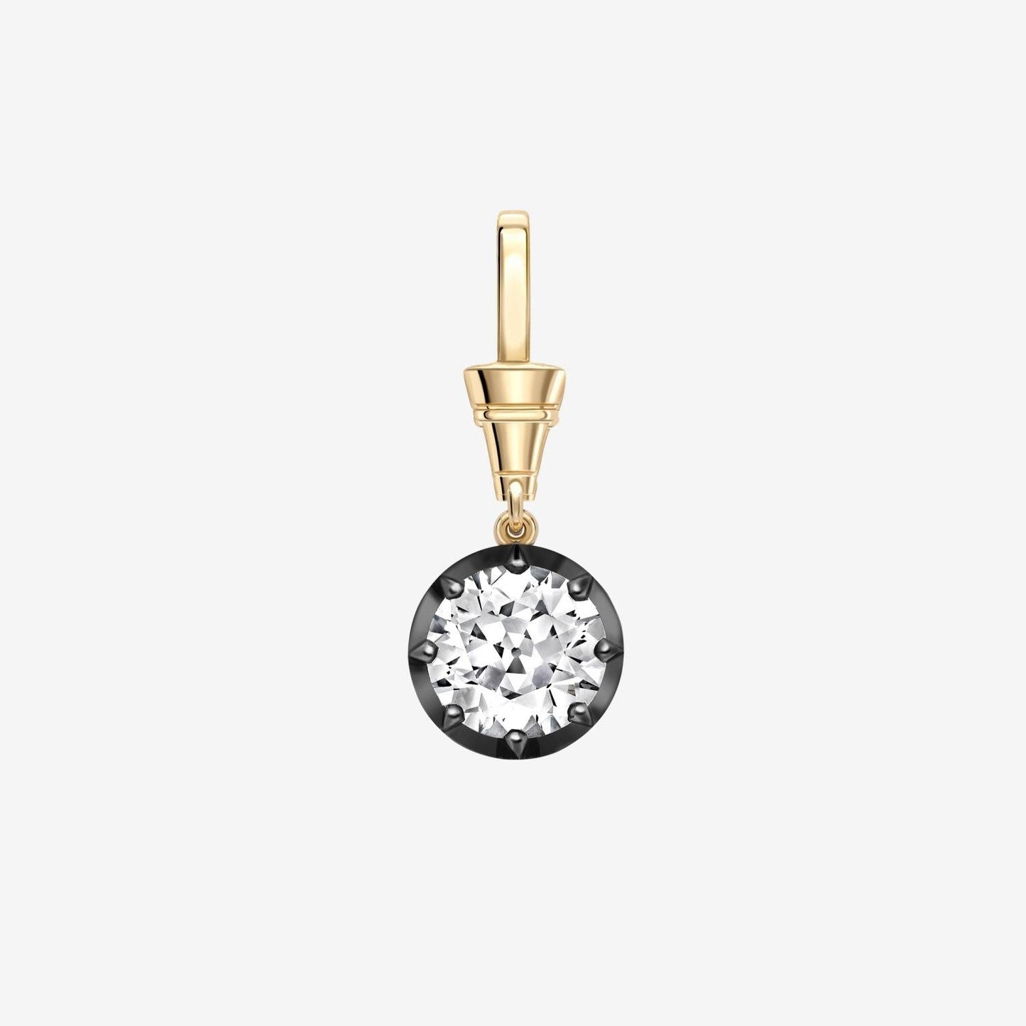 A gold leverback earring featuring a round bezel-set clear gemstone on a light gray background.