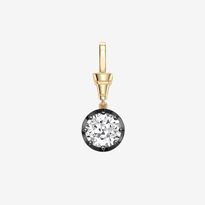 A gold leverback earring featuring a round bezel-set clear gemstone on a light gray background.