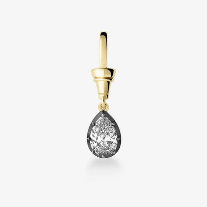 A single gold drop earring featuring a teardrop-shaped clear gemstone set in a dark metal bezel, shown against a plain light gray background.