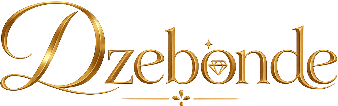 Dzebonde gold luxury jewelry brand logo with elegant typography and diamond icon on a transparent background.