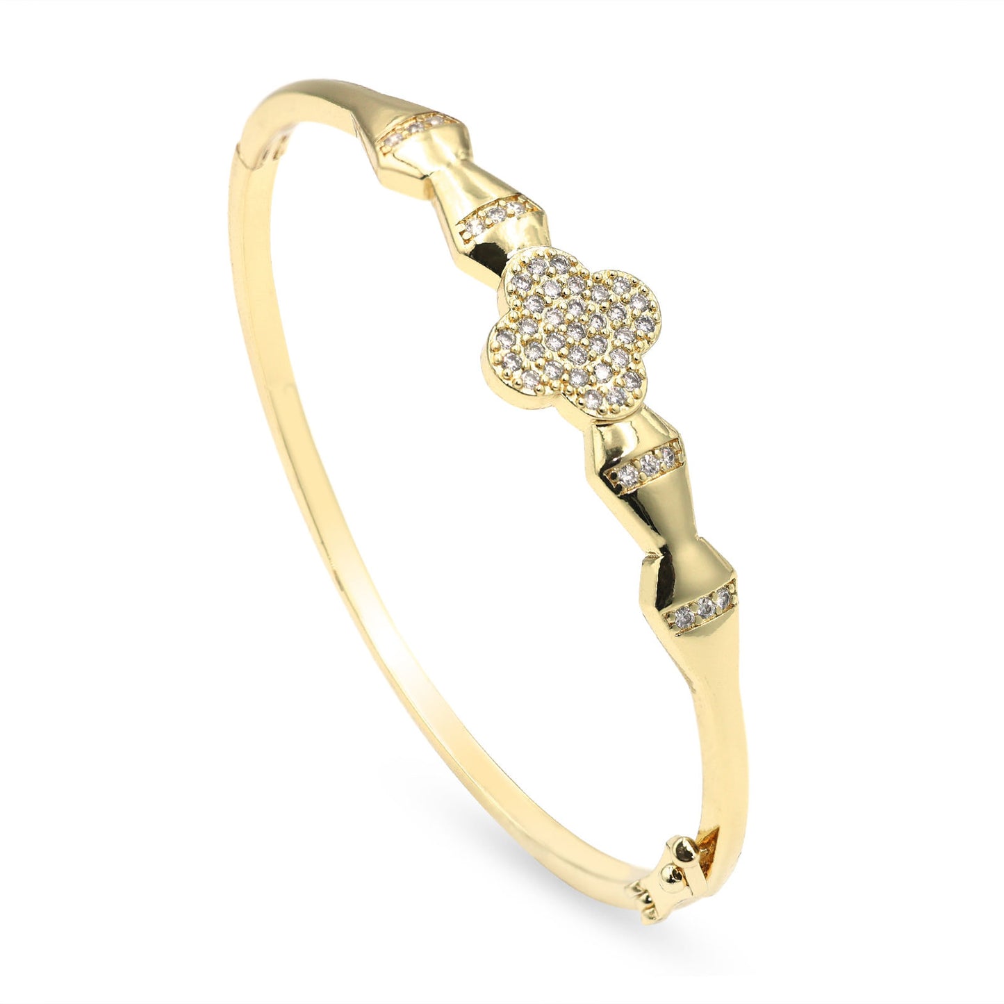 Dzebonde gold four leaf clover crystal bangle bracelet with elegant polished finish.