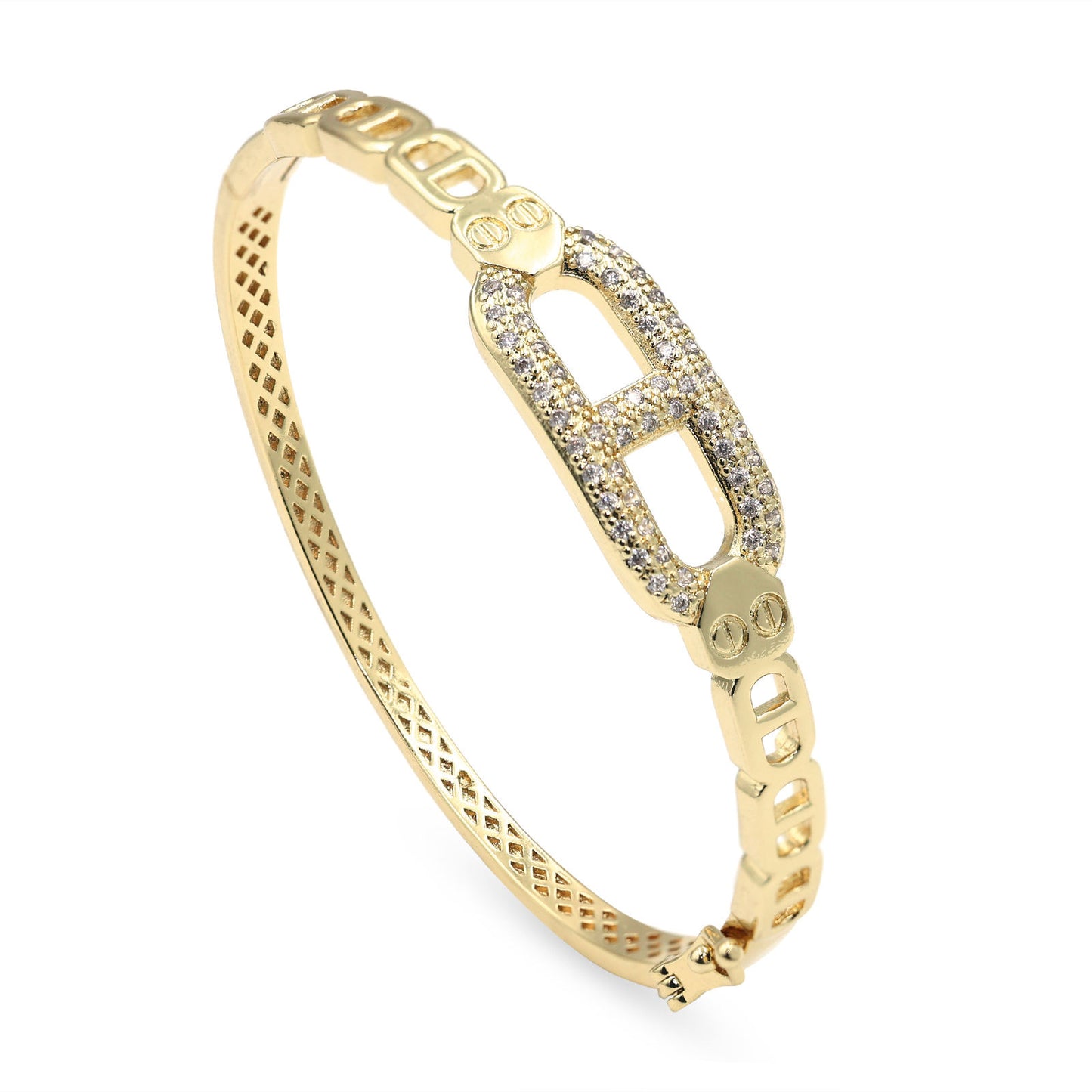 Dzebonde gold pavé link bangle bracelet with sparkling crystal accents and modern luxury design.