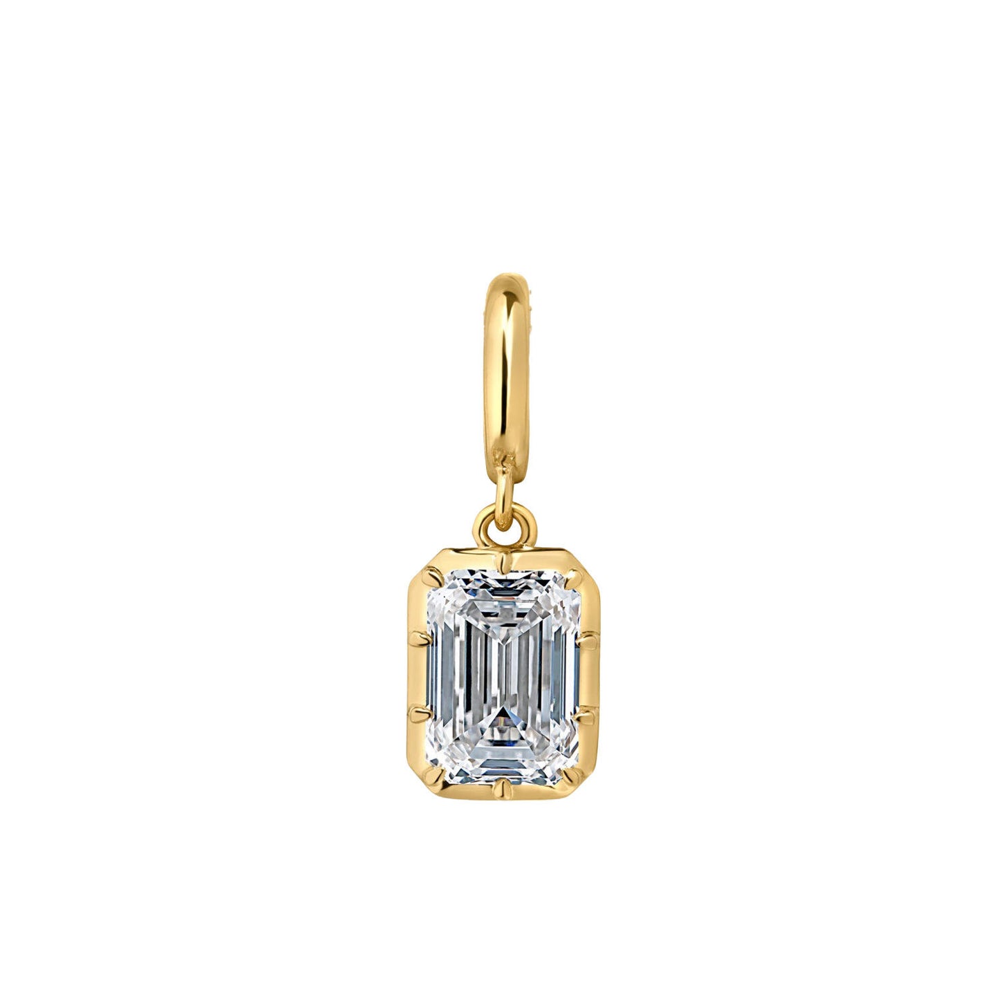 A gold pendant featuring an emerald-cut clear gemstone in a gold bezel setting, suspended from a gold bail, shown against a plain white background.