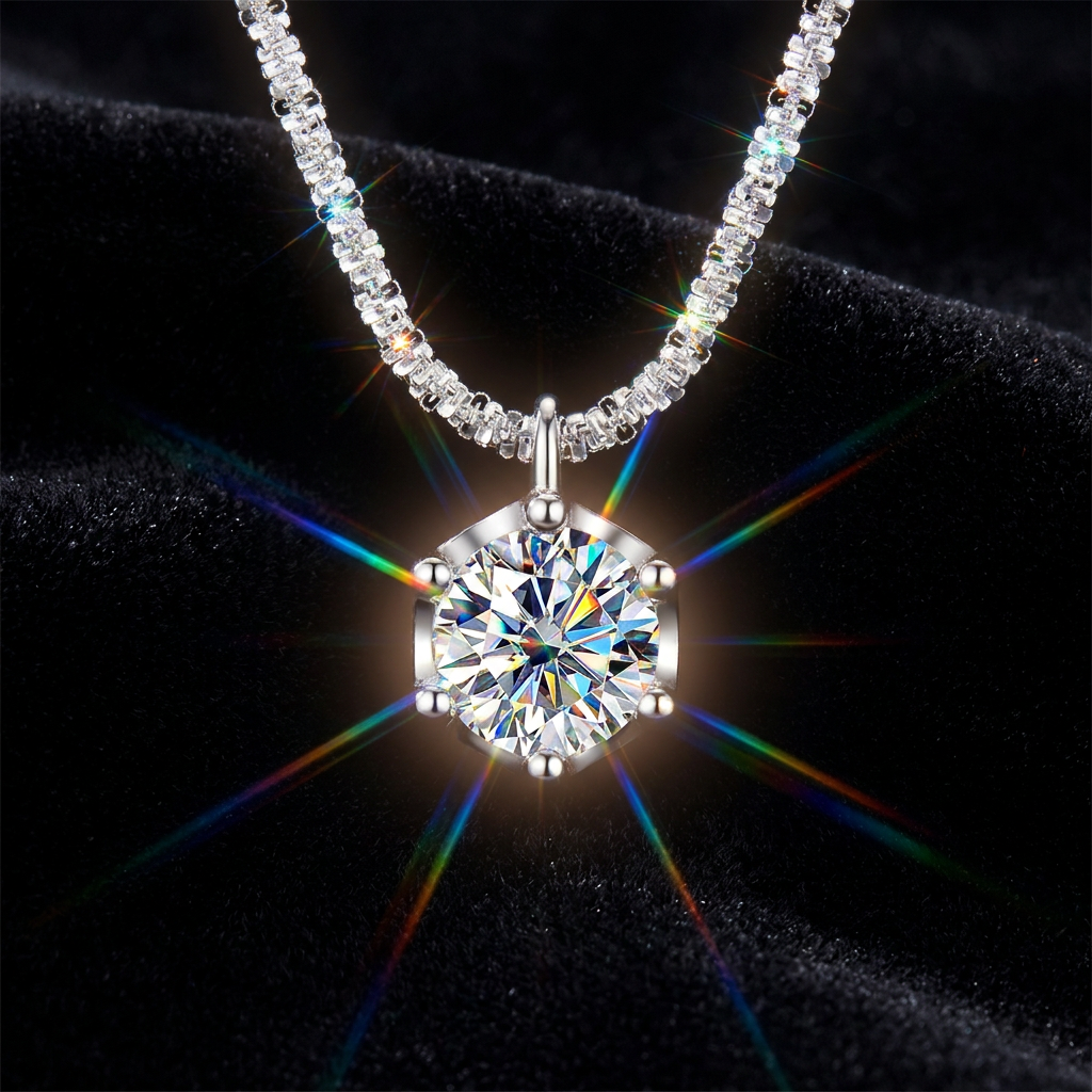 A silver-tone necklace with a large round brilliant-cut clear gemstone pendant, displayed on a black velvet background with rainbow light flares.