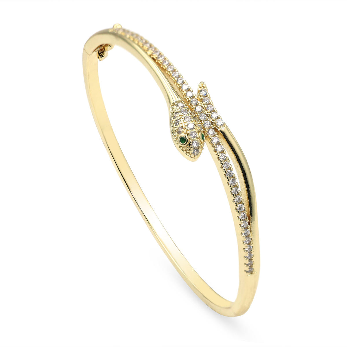 Side view of Dzebonde gold snake crystal bangle bracelet with shimmering pavé stones.