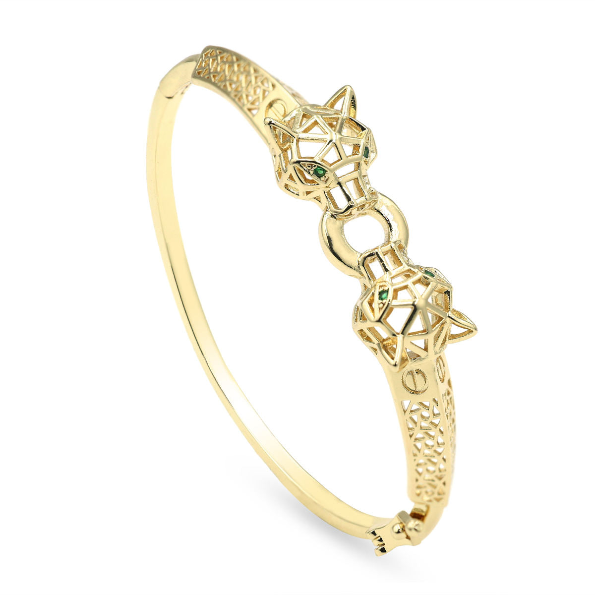 Dzebonde gold panther open bangle bracelet featuring geometric panther heads with green gemstone eyes.